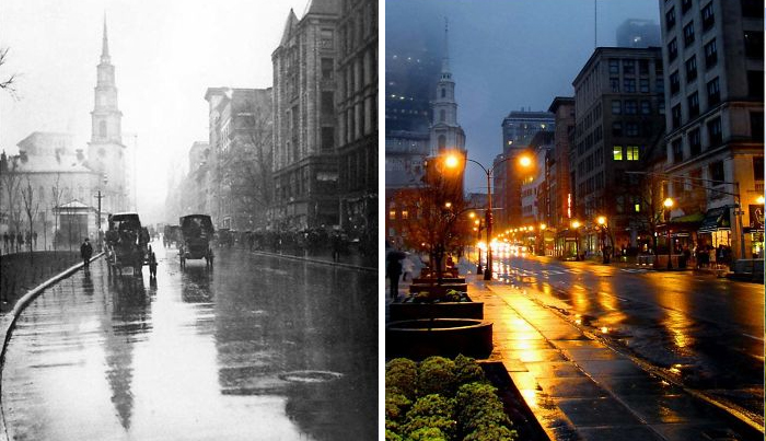 Rainy street then and now